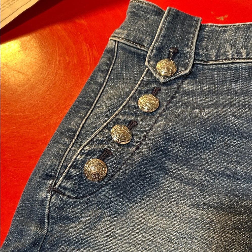 White House Black Market Blue Jean Shorts with Silver Button Accents - Picture 2 of 5